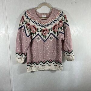 Boas Vintage Pink  & White Floral Cable Knit Sweater Slipover Cottagecore